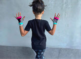 Big Collab Gloves for kids in checks, pink and aqua fingerless gloves mittens boys and girls