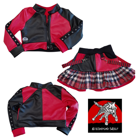 Harley Quinn Plaid and Pleather Punk Girls Ruffled Skirt and Jacket