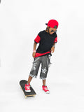 Punk Z-Crew Long Shorts Jorts for Kids and Adults 90's baggy skater style denim shorts with Checkered Starts or Bolts