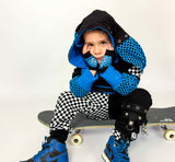 Blue and Black Punk Bunny Hoodie Long Ears Mesh Checkerboard Handmade Top Shirt Kids and Adults