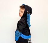 Blue and Black Punk Bunny Hoodie Long Ears Mesh Checkerboard Handmade Top Shirt Kids and Adults