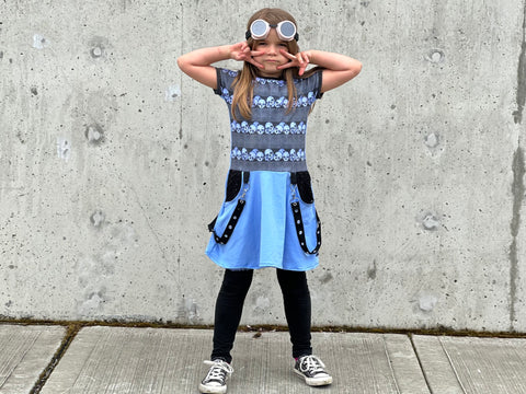 Pastel Skull Pocket Dress for Girls with hoodie, punk straps and twirly skirt