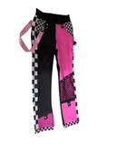 Pink Punk Skinny Pants for boys and girls black mesh with checkered accents suspender strap