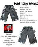 Punk Z-Crew Long Shorts Jorts for Kids and Adults 90's baggy skater style denim shorts with Checkered Starts or Bolts
