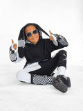 Monochrome Jogger Pants for boys and girls black mesh with checkered accents suspender strap