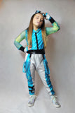 Metallic Punk Hoodie and Harem jogger Pants set in Turquoise Blue Line Mesh Vegan Leather Uma Outfit