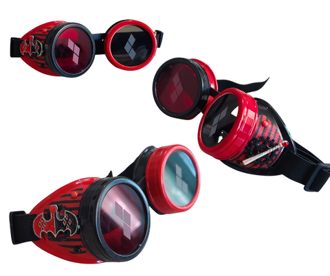 Harley Quinn OOAK Goggles Steampunk Halloween Costume Spikes Bat Red Black