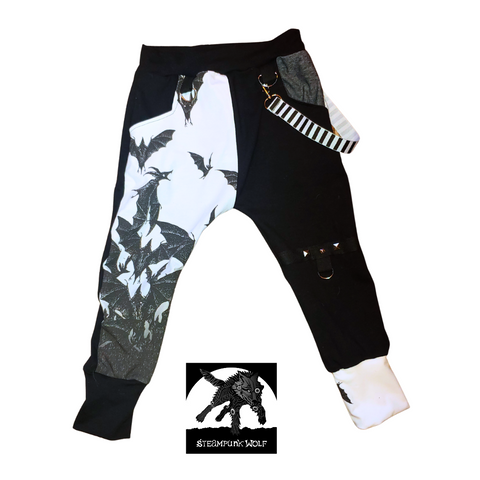 Bats in the Night Kids Jogger Pants Monochrome Halloween Spooky Punk Suspender Straps