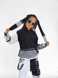 Black and White Punk Bunny Hoodie for Kids and Teens Long Ears Mesh Checkerboard Handmade Top Shirt