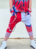 Kids Punk Jogger Shorts Kids Mesh Checkered Stars Red White Blue street style accents striped suspender straps Boys Girls