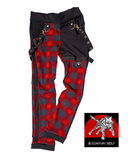 Red and Black Plaid Skinny Pants with clip on punk straps ,unisex boys girls pockets street style