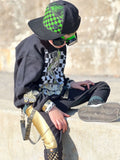 Gold and Black Kids Joggers with straps ,unisex boys girls vegan pleather pants