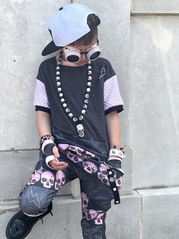 Skulls Row Kids Jogger Bottoms Shorts Pants in Pastel Pink Aqua Lilac Pockets and Punk Strap