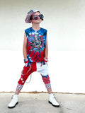 Kids Punk Jogger Shorts Kids Mesh Checkered Stars Red White Blue street style accents striped suspender straps Boys Girls