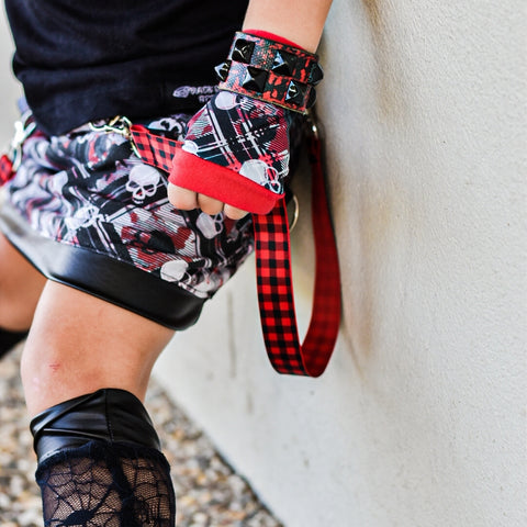 Red Plaid Skull Skirt for Girls with Vegan leather and punk straps