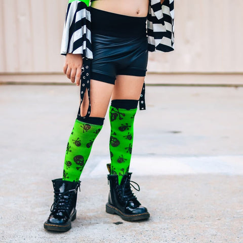 Lime Green Skull Mesh Knee Socks for kids