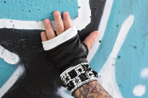 Black with White Gloves  Rockstar Vegan leather Gloves for Kids and Adults