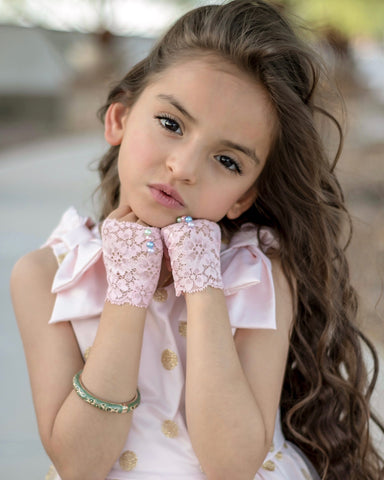 GIRLS Pink Lace Fingerless Gloves with Pastel Pearls - Steampunk-Wolf-Kidz