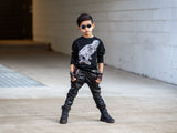 Steampunk Strappy Pants Unisex Kids in black and brown vegan leather boys skinny bottoms