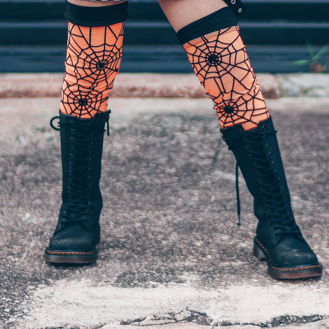 Orange Spiderweb Knee Socks for girls