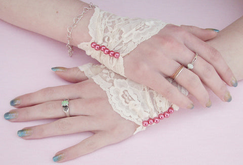 Victorian Lace Fingerless Gloves with Pearls in Cusom Colors and Sizes